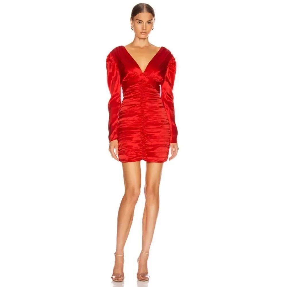 Nicholas Deep V Neck Gathered Party Dress Scarlet